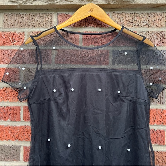 SHEIN Black Mesh and Pearl Embroidered Short Sleeve Layered Bodycon Dress - Picture 2 of 4
